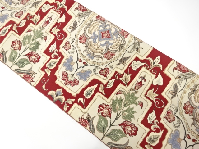 【名古屋帯】　アンティーク　アイボリー　花唐草　 レトロ　モダン　洒落帯　正絹 名古屋帯】 アンティーク アイボリー 花唐草 レトロ モダン 洒落